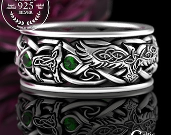 Sterling Raven & Wolves Wedding Ring, Mens Emerald Wolf Wedding Ring, Emerald Viking Ring, Viking Raven Ring, Raven Wedding Ring, 4697