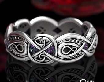 Sterling Silver & Alexandrite Trinity Band, Celtic Infinity Knotwork Wedding Ring, Elegant Irish Handfasting Gemstone Ring,  1411