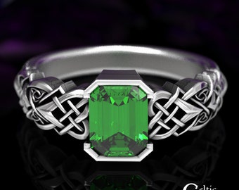 Emerald & Sterling Engagement Ring, Celtic Emerald Cut Engagement Ring, Rectangle Solitaire Ring, Celtic Emerald Rectangle Wedding Ring,1657