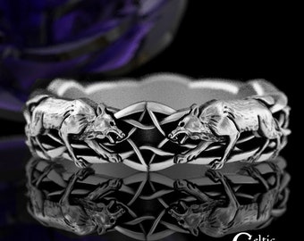 Sterling Silver Twin Dire Wolf Ring, Viking Warg Band, Nordic Wolf Ring, Silver Geri & Freki Wedding Ring, Vargr Ancient Alpha Ring, 1746