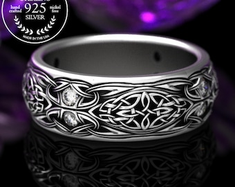 Mens Moissanite Ring, Celtic Moissanite Sterling Silver Ring, Mens Celtic Wedding Band, Mens Irish Wedding Band, Celtic Infinity Ring, 1804