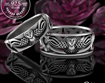 His Hers Owl Wedding Band Set, Matching Sterling Irish Knotwork Rings, Barn Owl Handfasting, Celtic Spirit Animal Bride Groom, 3187 1016