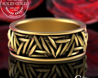 Gold Valknut Ring, Gold Viking Wedding Band, Gold Triangle Ring, Viking Rune Ring, Gold Viking Wedding Band, Mens Wide Gold Ring, 1186