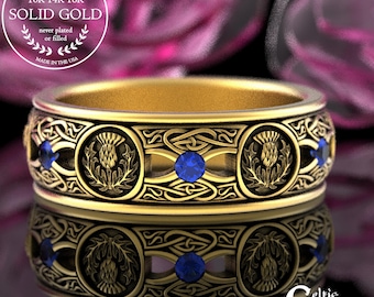 10K Gold Sapphire Thistle Wedding Ring, 14K Gold Celtic Mens Ring, 14K Scottish Thistle Wedding Band, 10K White Gold Irish Ring, 4409
