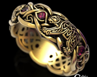 Gold Bear Ring, Ruby Gold Celtic Ring, White Gold Bear Ring, Platinum Bear Ring, Celtic Bear Ring, Bear Wedding Band, Ruby Bear Ring, 1682