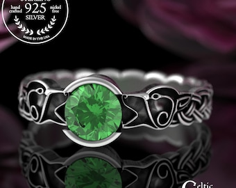 Emerald Howling Wolves Engagement Ring, Sterling Norse Wolf Wedding Ring, Silver Ruby Viking Bride, Fated Mates Bezel Solitaire Ring, 3306