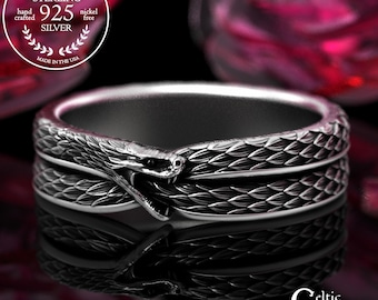Men's Sterling Ouroboros Wedding Ring, Silver Dragon Head Ring, Norse Jormungandr Serpent Ring, Striking Snake with Fangs Ring, 2091