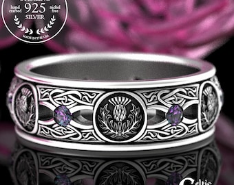 Alexandrite Thistle Wedding Ring, Sterling Mens Wedding Band, Mens Scottish Wedding Ring, Alexandrite Irish Ring, Celtic Thistle Ring, 4409