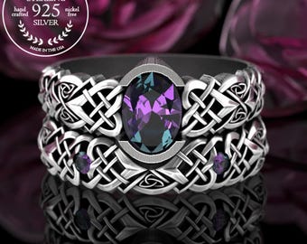 Alexandrite Bridal Ring Set, Sterling Matching Celtic Engagement Ring, Silver Irish Engagement Ring Set, Womens Heart Knotwork, 3018 3017
