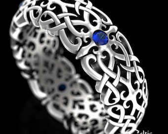 Modern Womans Ring, Sapphire & Sterling, Celtic Womens Wedding Ring, Sapphire Knotwork Ring, Intricate Silver Ring, Swirl Wedding Band, 3221