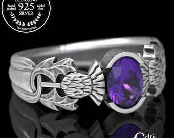 Thistle Engagement Ring, Sterling Silver Amethyst Scottish Solitaire, Bridal Scotland Highlands Engagement Ring, Celtic Botanical Ring, 1777