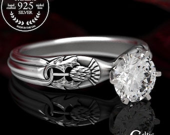 Thistle Engagement Ring, Scottish Engagement Ring, Sterling Moissanite Thistle Ring, Thistle Solitaire Ring, Irish Thistle Engagement, 1894