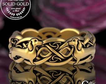 Gold Dachshund Ring for Woman, 14K White Gold Lady Dog Ring, German Dog Wedding Band, 10K Doxie Ring, Dog Breeding Ring, Pedigree Ring, 3011