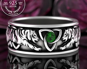 Sterling Tiger Ring, Mens Tiger Wedding Ring, Emerald Tiger Jewelry, Silver Safari Jewelry, Tiger Spirit Animal, King of the Jungle, 3119