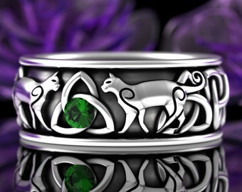 Emerald Cat Ring, Sterling Silver Cat Wedding Ring, Irish Cat, Scottish Cat, Emerald Knotwork Ring, Emerald Irish Ring, Trinity Knot, 3107