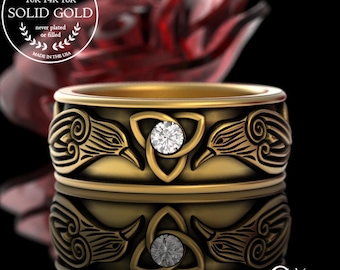 10K 14K Gold Mens Ravens Ring, White Gold Warrior Viking Wedding Band, Moissanite Bird Nordic Ring, Diamond Norse Crow Wedding Ring, 3175