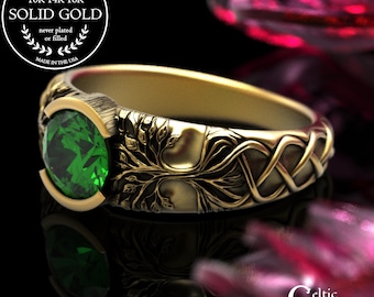 Gold & Emerald Tree Anniversary Ring, 10K Tree of Life Engagement, 14K Woven Forest Proposal Ring, Platinum Bezel Set Ring, Woodsy Ring 2034