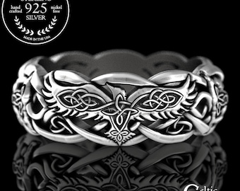 Silver Raven & Wolves Wedding Ring, Wolf Raven Wedding Band, Sterling Viking Ring, Viking Raven Ring, Viking Wolf Wedding Ring, 4698