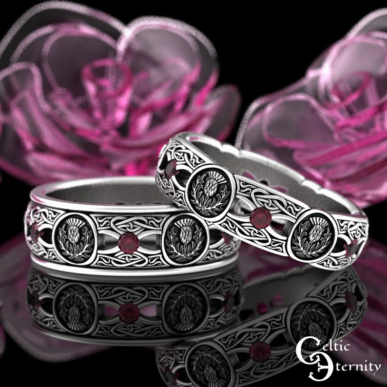 Ruby 10K Gold Thistle Wedding Rings Matching Ruby Scottish - Etsy