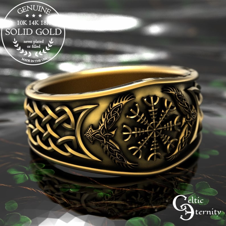 Gold Viking Signet Ring, White Gold Viking Wedding Band, Platinum Raven Ring, Gold Magical Jewelry, Platinum Pagan Ring, Viking Sigil, 1160 image 2
