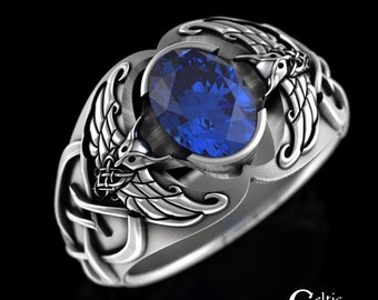 Sterling Nordic Sapphire Ring, Sapphire Owl Wedding Ring, Men Viking Statement Ring, Sapphire Viking Wedding Band, Silver Norse Owl, 3057