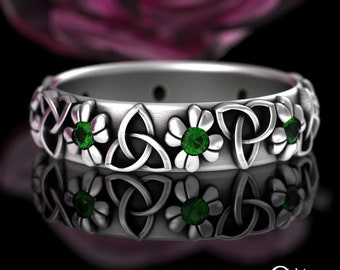 Sterling Silver & Emerald Trinity Clover Ring, Sterling Irish Trefoil Ring, Lugh’s Leaf Handfasting Ring, Ladys Shamrock Wedding Ring, 3170