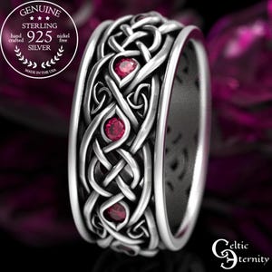 Anillo celta infinito para hombre, alianza irlandesa con rubí de plata esterlina, anillo de nudo celta para novio, anillo de bodas con rubí galés, anillo de plata tejida, 1096