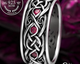 Mens Infinity Celtic Ring, Sterling Ruby Irish Wedding Band, Groom's Celtic Knotwork Ring, Welsh Ruby Wedding Ring, Silver Weave Ring, 1096