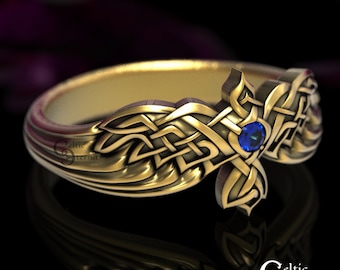Solid Gold & Sapphire Raven Ring, Celtic Corvid Wedding Ring, Odin Raven Ring, Platinum Raven Ring, Norse Viking Crow Handfasting Ring, 1478