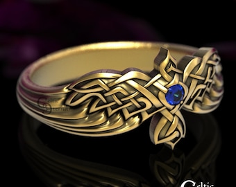 Gold Raven Ring, Sapphire Celtic Wedding Ring, Odin Raven Ring, Platinum Raven Ring, Bird Wedding Ring, Crow Ring, Gold Viking Ring,1478