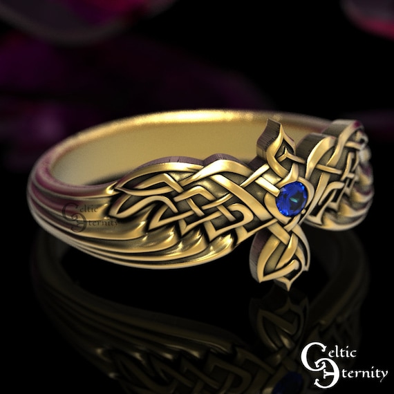 Gold Raven Ring, Sapphire Celtic Wedding Ring, Odin Raven Ring, Platinum Raven Ring, Bird Wedding Ring, Crow Ring, Gold Viking Ring,1478