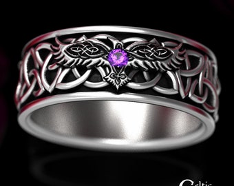 Mens Amethyst Ring, Amethyst Raven Ring, Sterling Silver Raven Ring, Mens Bird Ring, Mens Viking Wedding Band, Silver Bird Ring, 1696