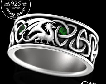 Sterling Welsh Dragon Ring, Emerald Celtic Dragon Wedding Band, Silver Dragon Ring, Irish Dragon Ring, Mens Scottish Dragon Ring, 3053