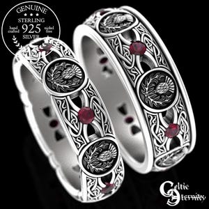 Anillos de boda de cardo a juego, alianzas escocesas con rubí de ley, anillos de boda irlandeses para él y para ella, anillos celtas de plata con rubí, 4408 y 4409