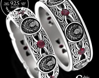 Matching Thistle Wedding Ring Set, Sterling Ruby Scottish Wedding Bands, His Hers Irish Wedding Rings, Silver Ruby Celtic Rings, 4408 4409