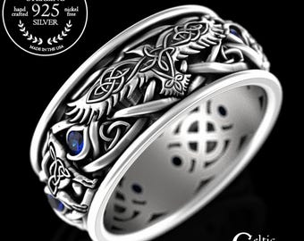 Sterling Raven Wolves Wedding Ring, Mens Wolf Wedding Ring, Sapphire Wolf Viking Ring, Viking Raven Ring, Norse Groom Wedding Ring, 4697