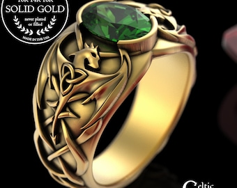 Gold Dragons Signet Ring for Men, 18K Emerald TwinFlame Statement, Groom's Celtic Dragon Serpent Wedding Ring, 10K Gold Wyvern Ring, 3116