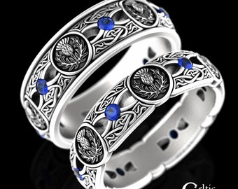 Thistle Sterling Wedding Ring Set, Matching Sapphire Scottish Wedding Bands, His Hers Irish Wedding Rings, Silver Celtic Rings, 4408 4409