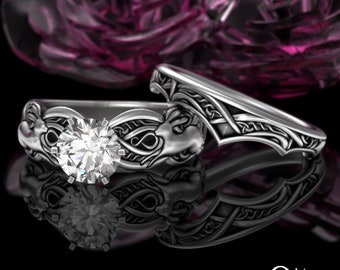 Moissanite Rabbit Fitted Engagement Ring Set, Womans Sterling Silver Celtic Bunnie Wedding Rings, Stacking Bridal Knotwork Set, 3184 1971