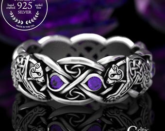 Sterling Silver Bear Ring, Amethyst Bear Ring, Celtic Bear Ring, Celtic Wedding Band, Celtic Amethyst Ring, Sterling Wedding Band, 1682