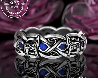 Sterling Bridal Wolf Wedding Band, Sapphire Two Wolves Eternity Band, Womans Celtic Wolf Jewelry, Emerald Amethyst Irish Wedding Ring, 1267
