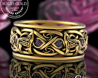 Alexandrite Gold Viking Wolf Ring, 10K 14K Men Alexandrite Wedding Band, Gold Celtic Wolf Wedding Ring, Platinum Alexandrite Ring, 1269