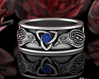 Sapphire & Sterling Odin Ravens Ring, Silver Raven Viking Wedding Band, Mens Bird Nordic Ring, Warrior Norse Wedding Ring, Bird Crow, 3175