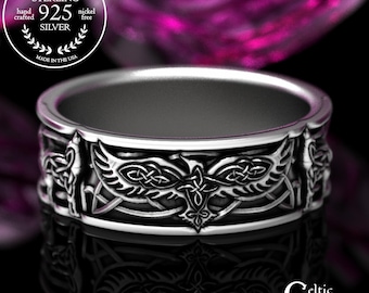 Sterling Raven & Wolf Ring, Mens Wedding Band, Raven Ring, Wolf Ring, Celtic Wolf Ring, Raven Jewelry, Celtic Wedding Band, 1697