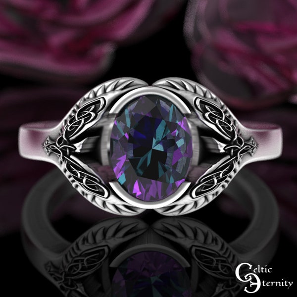 White Gold & Alexandrite Viking Raven Engagement, 10K Bridal Odin Wedding Ring, 14K 18K Gold Norse Bird Solitaire, Oval Bezel Ring, 3144