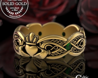 Emerald Bride's Claddagh in Gold, 10K 14K 18K Irish Women's Wedding Ring, Traditional Celtic Emerald Heart Crown Ring, Infinity Bridal, 3239