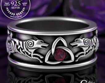 Scottish Ruby Wolf Ring, Sterling Silver Mens Irish Wedding Band, Ruby Celtic Ring, Ruby Viking Ring, Norse Wolf Ring, Nordic Knotwork, 3103