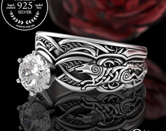 Sterling Silver Celtic Wolf Engagement Rings, Moissanite Viking Shadow Fang Bridal Set, Wolfkin Handfasting Rings,  Mac Tíre Rings, 3177