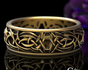 Gold Tribal Knotwork Ring, Gold Knotwork Wedding Ring, Tribal Wedding Band, Man Tribal Ring, Mens Wedding Ring, Unique Gold Mens Ring, 1597