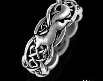 Simple Celtic Fox Ring, Sterling Womens Fox Wedding Ring, Woven Knotwork Fox Spirit Animal Ring, Silver Scottish Bride Wedding Band, 3195